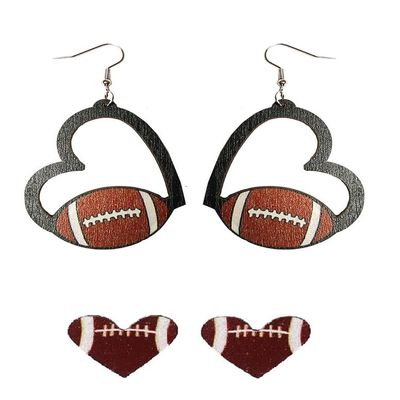2 Pairs Sports Game Ball Football Basketball Wooden Earrings for Women Lightweight Heart Shaped Sports Rugby Baseball Volleyball Stud Earrings Sports Fans Players Jewelry -Style 1