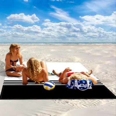 ALAGEO Beach Blanket Black White Stripes Sandproof Waterproof Beach Mat Geometr Sand Free Mat Quick Drying Beach Essentials for Vacation Lightweight with 4 Stakes & Corner Pockets 83"x79"