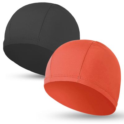 2pcs Cloth Swim Caps for Both Women & Men & Kids Fabric Durable Non-Waterproof Elastic Swimming Pool Cap Bathing Cap for Long and Short Hair (Black&Orange)