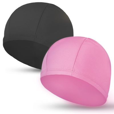 2pcs Cloth Swim Caps for Both Women & Men & Kids Fabric Durable Non-Waterproof Elastic Swimming Pool Cap Bathing Cap for Long and Short Hair (Black&Pink)