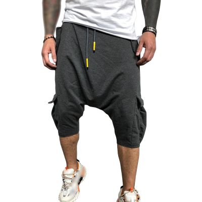 JEsilunmaMY Men's Harem Cropped Pants Drawstring Elastic Waist Drop Crotch Hip Hop Pants Multi-Pocket Athletic Lounge Pants (Dark Grey,X-Large)