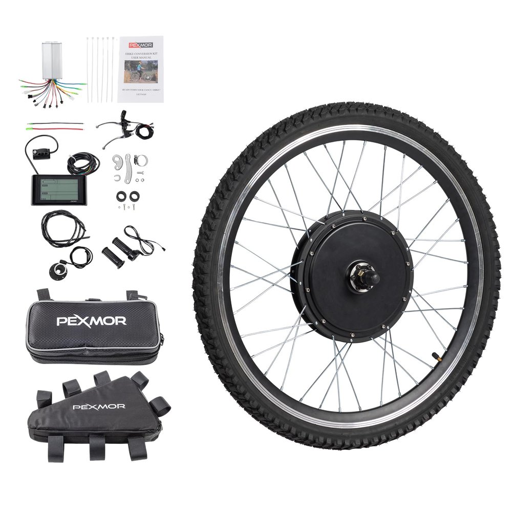 PEXMOR Electric Bike Conversion Kit, 48V 1000W 26" Front Wheel E-Bike Hub Motor Kit, Upgrade 3 Mode Controller w/PAS/LCD Display/Twist Throttle Ebike Bicycle Wheel Kit