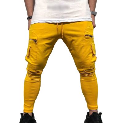 Men's Slim Jogger Pants Multi-Pocket Stylish Skinny Pencil Trousers Casual Cotton Athletic Outdoor Sweatpants (Yellow,Large)