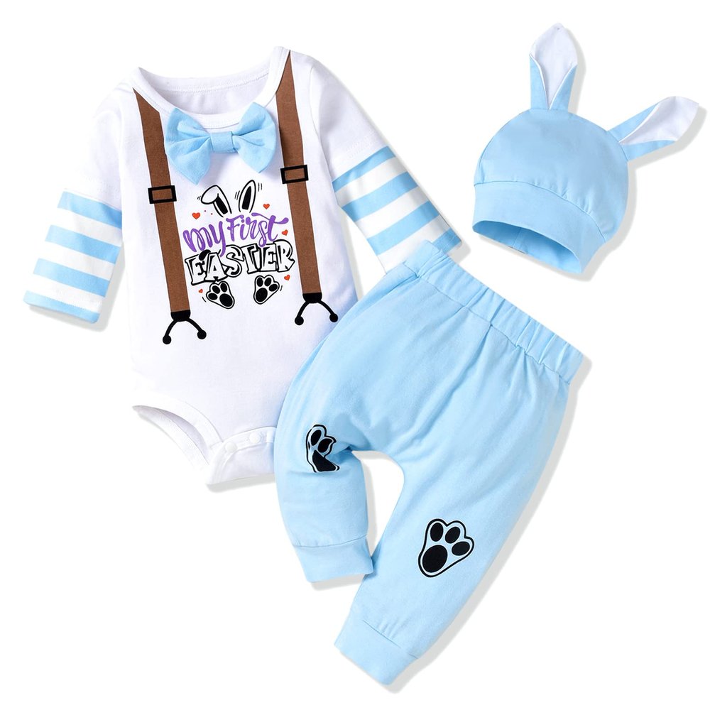 HINTINA Newborn Infant Baby Boy 1st First Easter Outfits Rabbit Romper Bodysuit Bunny Clothes Set Suit 0-3 Months