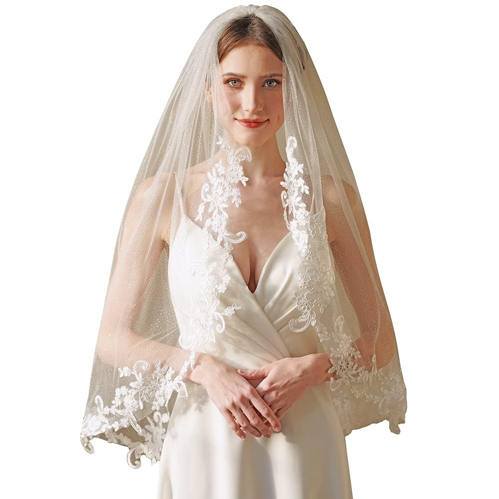 EllieWely 1 T Fingertip Length Glitter Lace Wedding Bridal Veil With Metal Comb F32