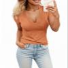 Womens Sexy Summer Short Sleeve Tshirt Tops Deep V Neck Shirts Casual Slim Fit Basic T-Shirt Tee A-Orange view 1