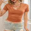 Womens Sexy Summer Short Sleeve Tshirt Tops Deep V Neck Shirts Casual Slim Fit Basic T-Shirt Tee A-Orange view 2