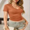 Womens Sexy Summer Short Sleeve Tshirt Tops Deep V Neck Shirts Casual Slim Fit Basic T-Shirt Tee A-Orange view 4