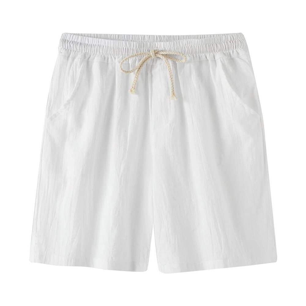 Casual Linen Shorts for Men Elastic Waist Summer Beach Drawstring Shorts Slim Fit Lounge Shorts with Pockets (White,Medium)