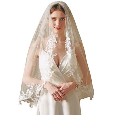 EllieWely 1 T Fingertip Length Glitter Lace Wedding Bridal Veil With Metal Comb F32
