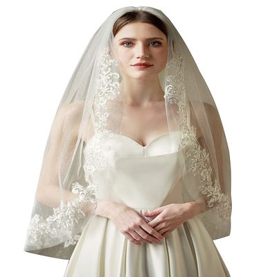 EllieWely 1 T Fingertip Length Glitter Lace Pearl Wedding Bridal Veil With Metal Comb F44