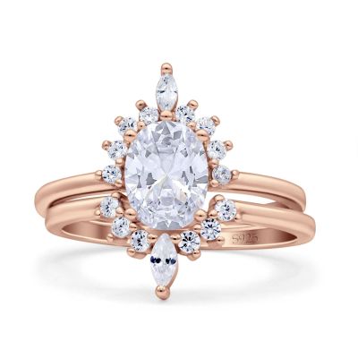 OMRANII Rose Tone, Simulated Cubic Zirconia Size-8 Two Piece Vintage Style Art Deco Wedding Engagement Bridal Set Ring Band Marquise Round CZ 925 Sterling Silver