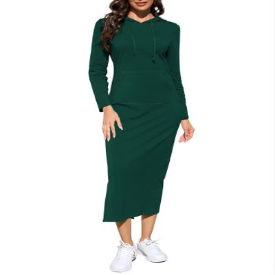 BeautyNee Long Sleeve Maxi Dress for Women Casual Lightweight Side Slit Hoodie Sweatshirt Dresses with Pockets Dark Green XL