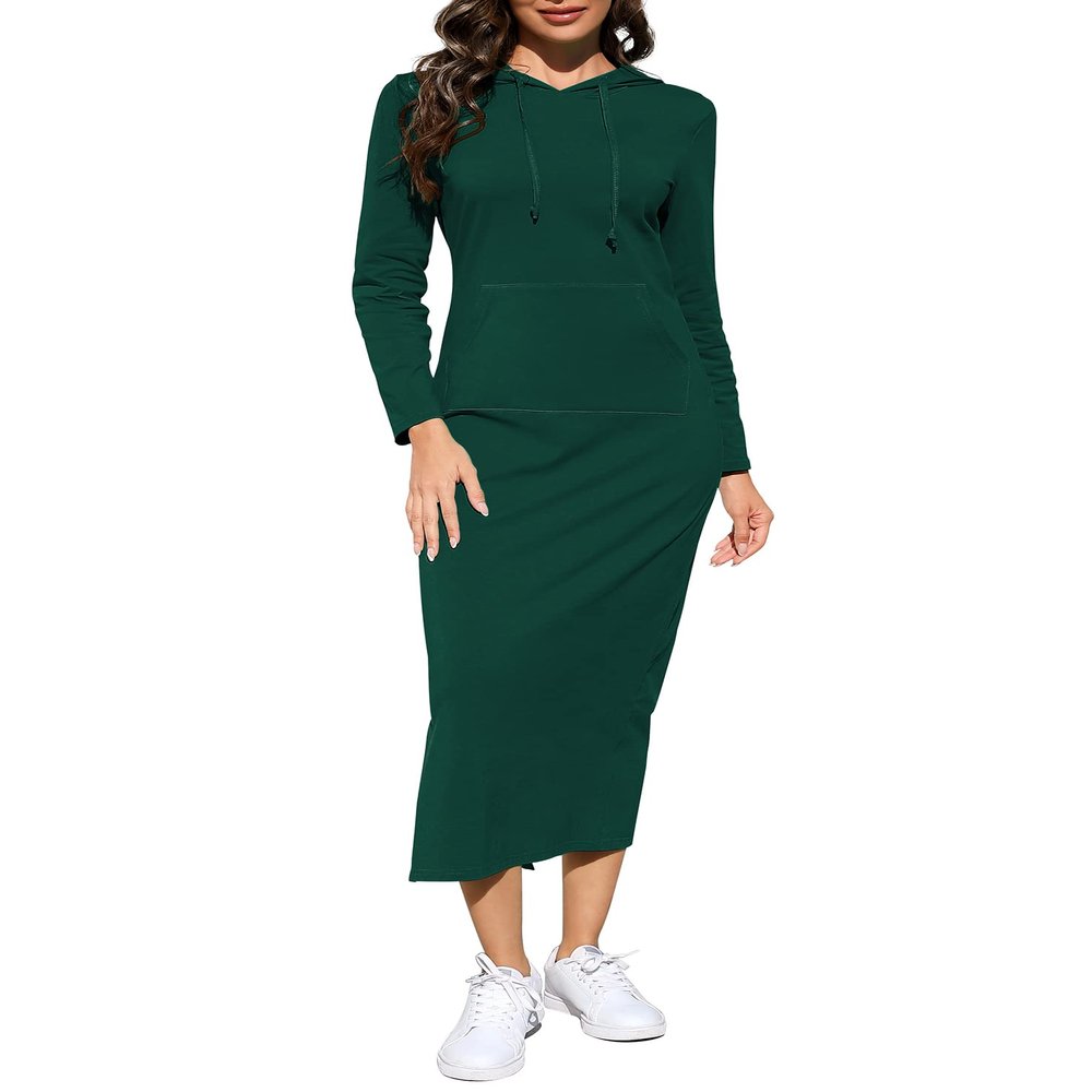 BeautyNee Long Sleeve Maxi Dress for Women Casual Lightweight Side Slit Hoodie Sweatshirt Dresses with Pockets Dark Green XL