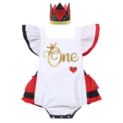 AWIBMK Newborn Baby 1st Birthday Girl Outfit Cake Smash Romper Dress Infant Lace Boho Rainbow First Birthday Dresses Mini Tutu Skirt Headband Summer One Year Old Photoshoot Red Heart One 12-18 Months