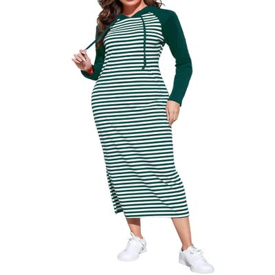 BeautyNee Women Long Sleeve Stripe Casual Hoodie Sweatshirt Long Maxi Dress Knee Length Pullover Dresses with Pockets Dark Green & White Stripes L