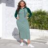 BeautyNee Women Long Sleeve Stripe Casual Hoodie Sweatshirt Long Maxi Dress Knee Length Pullover Dresses with Pockets Dark Green & White Stripes L view 3
