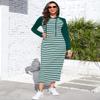 BeautyNee Women Long Sleeve Stripe Casual Hoodie Sweatshirt Long Maxi Dress Knee Length Pullover Dresses with Pockets Dark Green & White Stripes L view 4