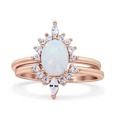 OMRANII Rose Tone, Lab Created White Opal Size-7 Two Piece Vintage Style Art Deco Wedding Engagement Bridal Set Ring Band Marquise Round CZ 925 Sterling Silver