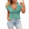 Womens Sexy Summer Short Sleeve Tshirt Tops Deep V Neck Shirts Casual Slim Fit Basic T-Shirt Tee A-Green view 1