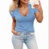 Womens Sexy Summer Short Sleeve Tshirt Tops Deep V Neck Shirts Casual Slim Fit Basic T-Shirt Tee A-Light Blue view 1