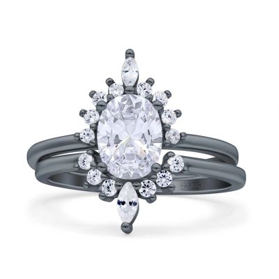 OMRANII Black Tone, Simulated Cubic Zirconia Size-7 Two Piece Vintage Style Art Deco Wedding Engagement Bridal Set Ring Band Marquise Round CZ 925 Sterling Silver