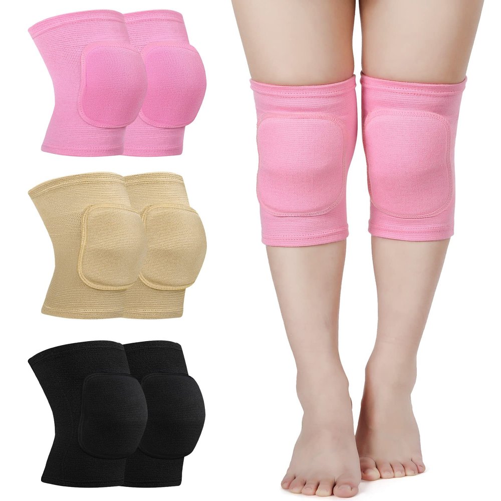 Eurzom 3 Pairs Dance Knee Pads Women Protective Non-Slip Knee Pads for Yoga Cheerleading Pole Floor Dance Volleyball(M,Black, Skin, Pink)