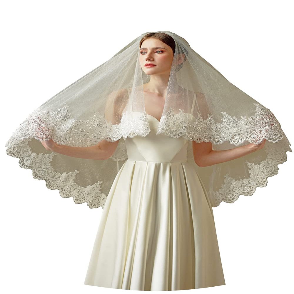EllieWely 2 T Glitter Soft Tulle Sequin Lace Wedding Bridal Veil F39