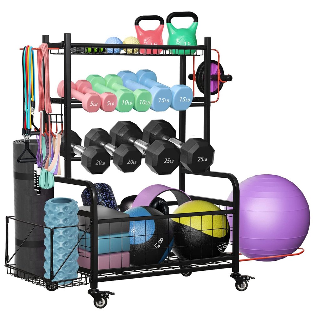 Pro-Series Mobile Dumbbell Rack & All-in-One Gym Storage Organizer with Locking Wheels, Adjustable Shelves & 400LB Capacity