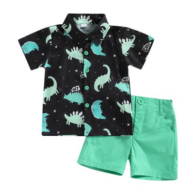 Chloefairy Western Baby Boy Summer Clothes Cow Print Short Sleeve Button Down Shirts Shorts Set 2Pcs Toddler Cowboy Outfits (Green-Dinosaur, 18-24 Months)