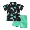 Chloefairy Western Baby Boy Summer Clothes Cow Print Short Sleeve Button Down Shirts Shorts Set 2Pcs Toddler Cowboy Outfits (Green-Dinosaur, 18-24 Months) view 1