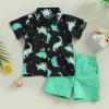 Chloefairy Western Baby Boy Summer Clothes Cow Print Short Sleeve Button Down Shirts Shorts Set 2Pcs Toddler Cowboy Outfits (Green-Dinosaur, 18-24 Months) view 2