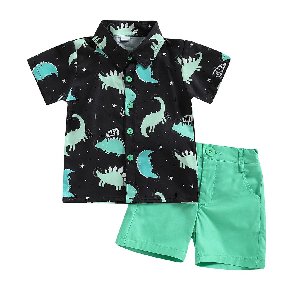 Chloefairy Western Baby Boy Summer Clothes Cow Print Short Sleeve Button Down Shirts Shorts Set 2Pcs Toddler Cowboy Outfits (Green-Dinosaur, 12-18 Months)