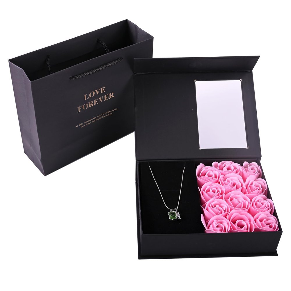 AIRZSNRY Jewelry Gift Box with Lids, Preserved Rose Jewelry Set Gift Box, Velvet Romantic Valentines Packaging Box with 12 Roses for Valentines Day Mothers Day Anniversary Birthday (Pink)