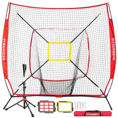 Storgem Baseball and Softball Practice Net 77ft Portable Hitting Pitching Batting Training Net Baseball Backstop Net with Batting Tee and Strike Zone and Bow Frame (Red Net and Tee Pro)