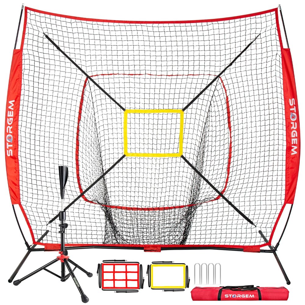 Storgem Baseball and Softball Practice Net 77ft Portable Hitting Pitching Batting Training Net Baseball Backstop Net with Batting Tee and Strike Zone and Bow Frame (Red Net and Tee Pro)