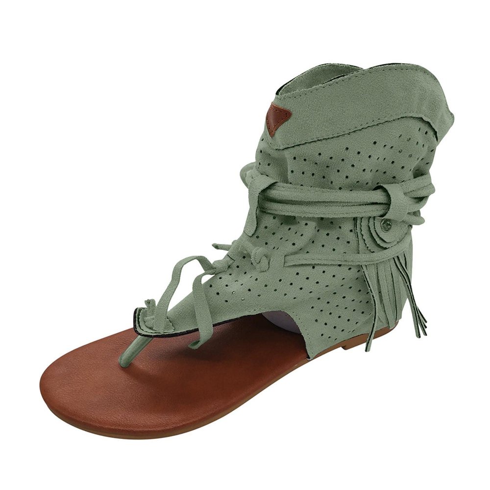 Sandals for Women Dressy Summer Flat Vintage Clip Toe Flip Flops Boho Fringe Tassel Sandals 2023 Bohemian Retro Casual Roman Beach Shoes Boots Green