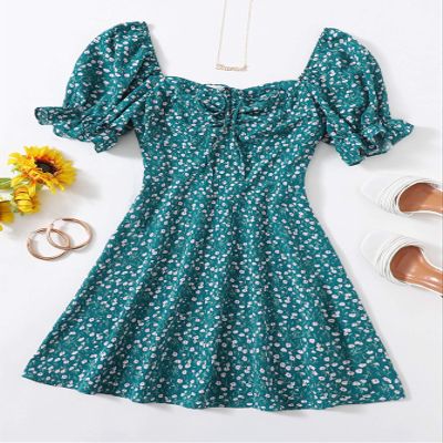2022 Women's Dresses Drawstring Knot Ruched Front Ditsy Floral Dress Women's Dresses (Color : Teal Blue, Size : Small)