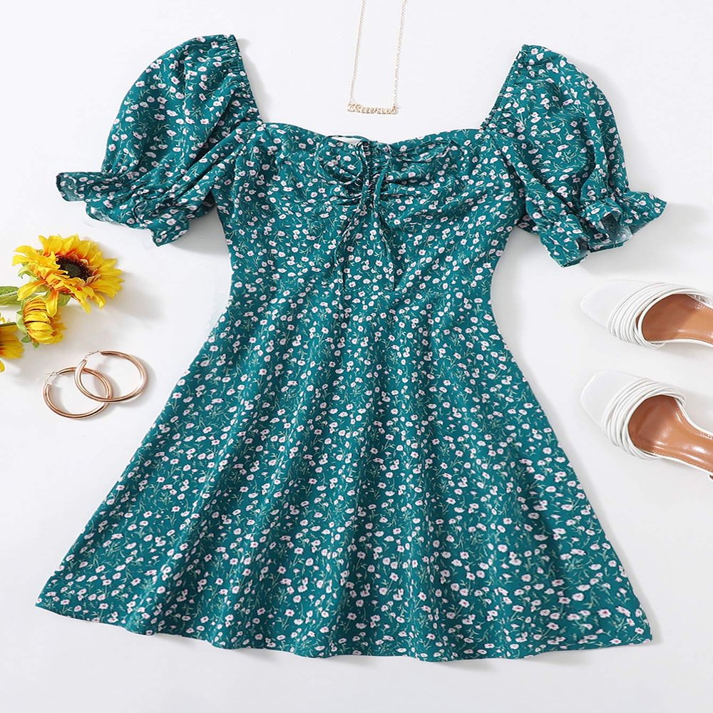 2022 Women's Dresses Drawstring Knot Ruched Front Ditsy Floral Dress Women's Dresses (Color : Teal Blue, Size : Small)