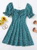 2022 Women's Dresses Drawstring Knot Ruched Front Ditsy Floral Dress Women's Dresses (Color : Teal Blue, Size : X-Small) view 1