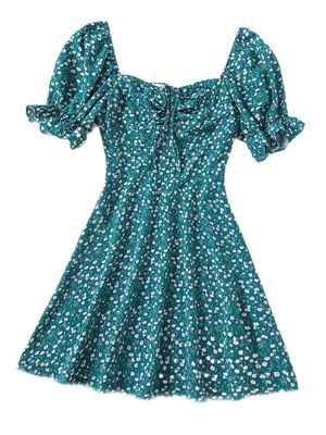2022 Women's Dresses Drawstring Knot Ruched Front Ditsy Floral Dress Women's Dresses (Color : Teal Blue, Size : Medium)