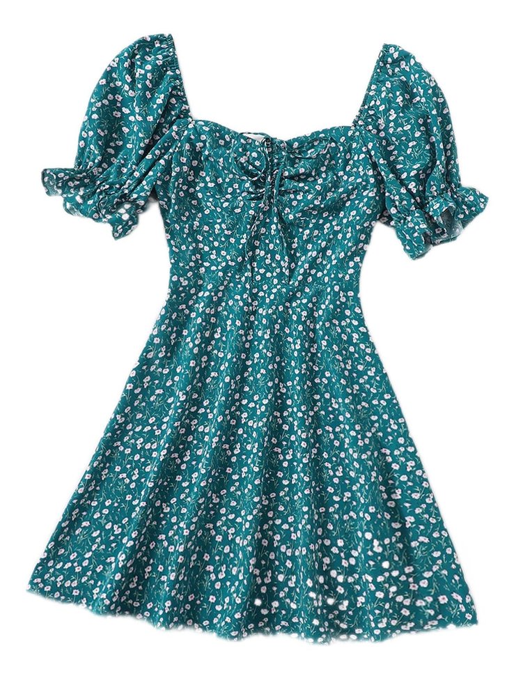 2022 Women's Dresses Drawstring Knot Ruched Front Ditsy Floral Dress Women's Dresses (Color : Teal Blue, Size : Medium)