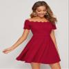 2022 Women's Dresses Scallop Trim Fit and Flare Bardot Dress Women's Dresses (Color : Burgundy, Size : Small) view 1