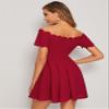 2022 Women's Dresses Scallop Trim Fit and Flare Bardot Dress Women's Dresses (Color : Burgundy, Size : Small) view 2
