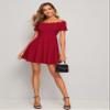 2022 Women's Dresses Scallop Trim Fit and Flare Bardot Dress Women's Dresses (Color : Burgundy, Size : Small) view 3