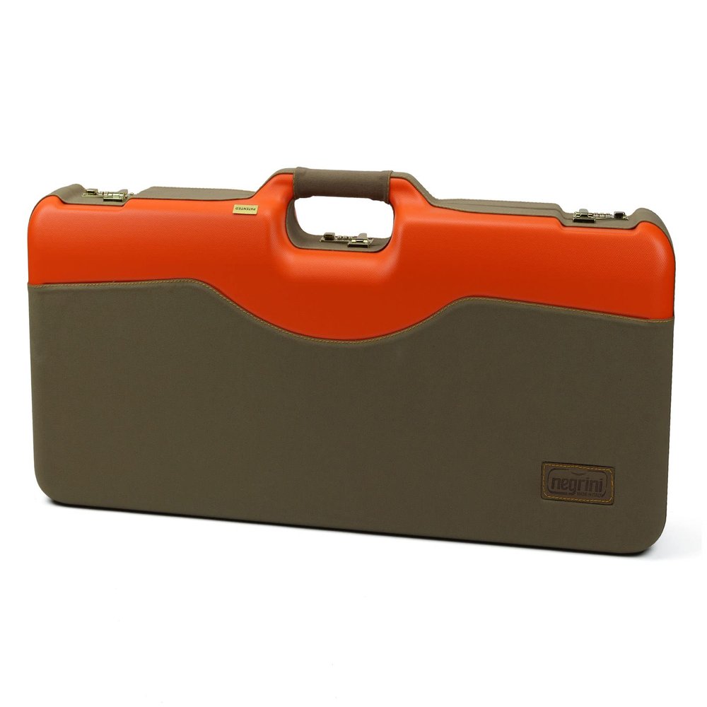 Negrini Luxury Shotgun Case - Hard Case for Over/Under or Side-by-Side Shotguns - Fits 2 Shotguns, Up to 28 Barrels - Airline Approved, TSA Locks - Made in Italy - Khaki/Blaze - Canvas Trim