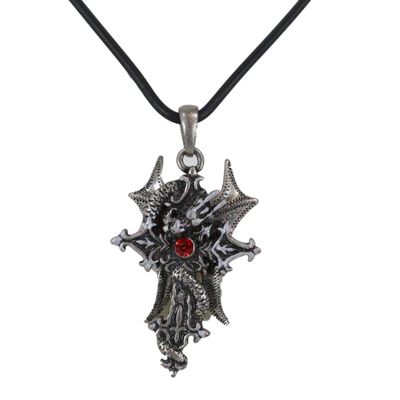 Ebros Gift Fantasy Altar Drake Dragon Crucifix Cross With Red Gem Pewter Medallion Pendant with Rubber Cord Necklace for Unisex Fashion Accessory