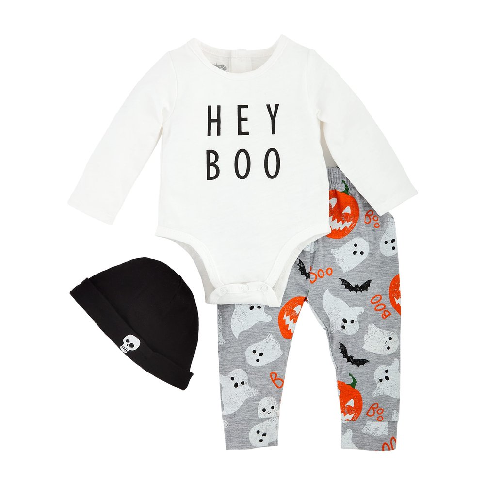 Mud Pie Glow In The Dark Hey Boo Baby Bodysuit Set, White, 0-3M