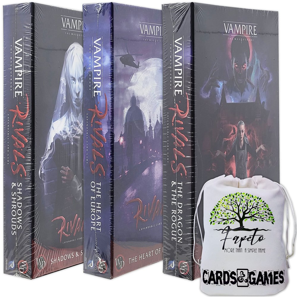 Fapeto Travel Drawstring Bag Bundle with Vampire Rivals Adversaries ONLY EXPANSIONS (Shadows & Shrouds, The Heart of Europe, The Dragon & The Rogue) Card Game