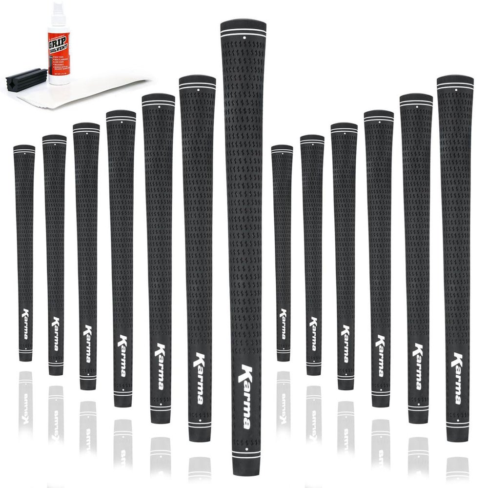 Karma Velour Jumbo Plus Golf Grip Kit with Tape Strips, Grip Solvent, Rubber Vise Clamp, 13 Black Rubber Velvet Style +1/8 Oversized Replacement Golf Grips for Men